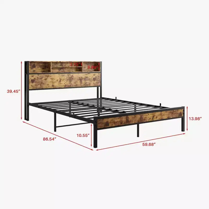 Metal Bed Frame: Storage Headboard, Charging Station, Bookcase, No Box Spring, Easy Assembly, Black