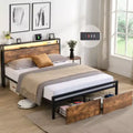 Full Size Metal Bed Frame with Storage, LED Lights, Charging, No Box Spring