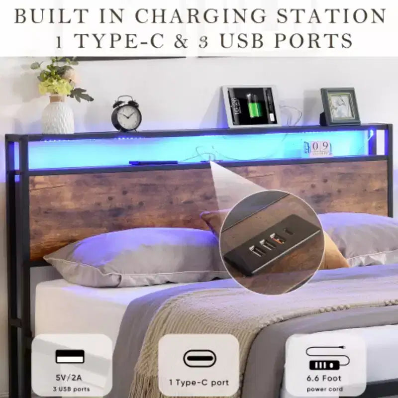 Cadre de lit en métal avec rangement, lumières LED, chargement, non