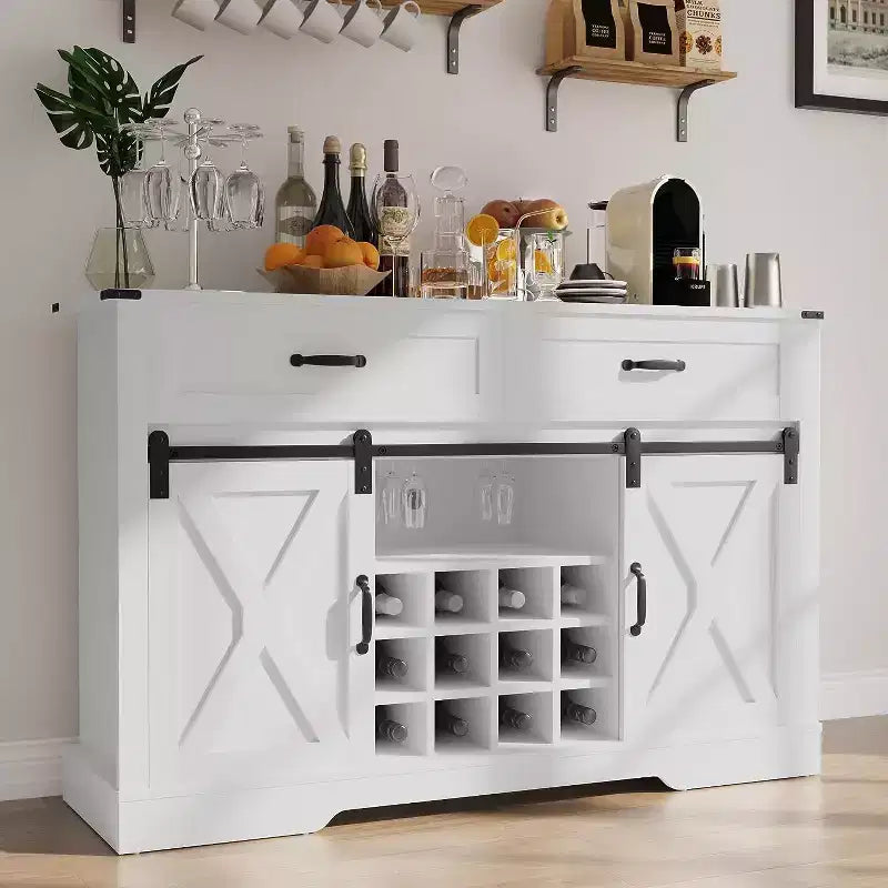 Heynemo Farmhouse Buffet Cabinet with Storage, Sliding Barn Door, Wine & Glass Rack, Storage Shelves, for Kitchen, Dining Room