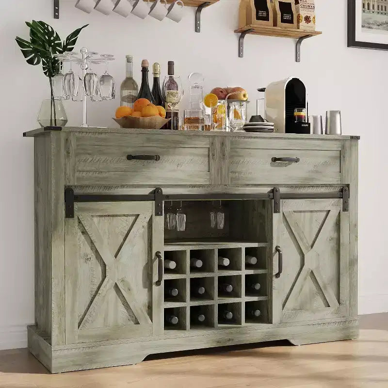 Buffet de ferme avec rangement, porte coulissante façon grange, casier à vin et verres, étagères de rangement, pour cuisine, salle à manger