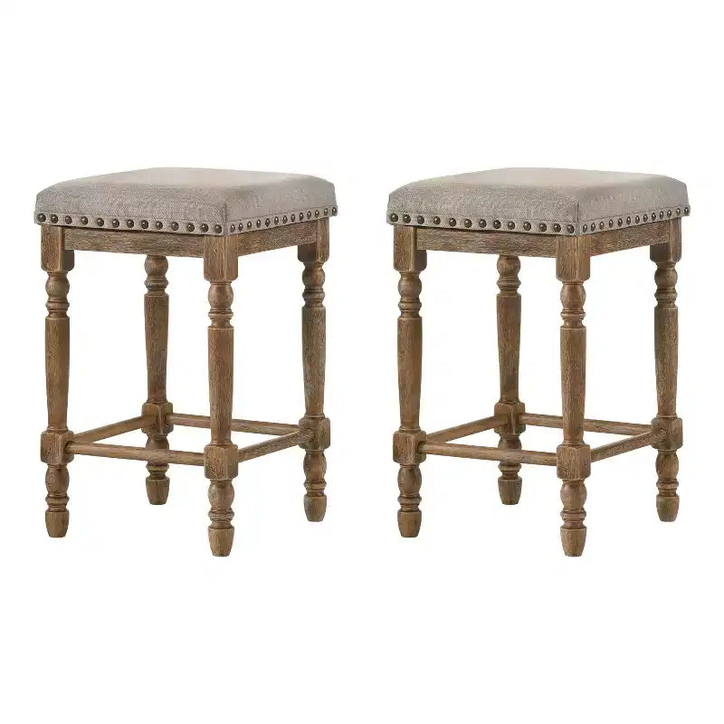 Simple Relax Set of 2 Fabric Upholstered Counter Height Stools in Weathered Oak and Beige