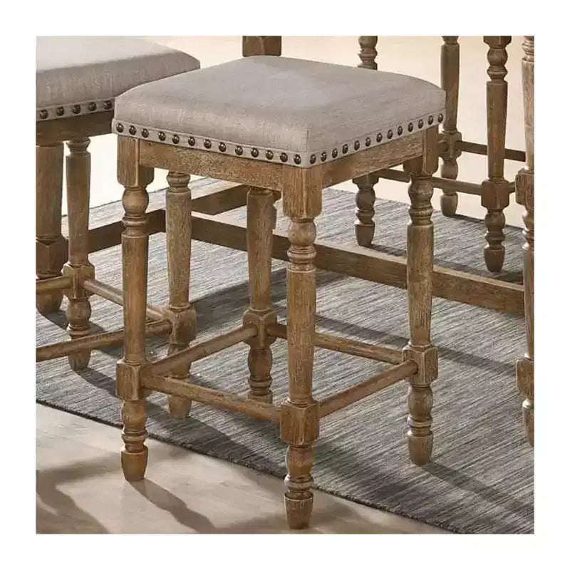 of 2 Fabric Upholstered Counter Height Stools in Weathered Oak and Beige