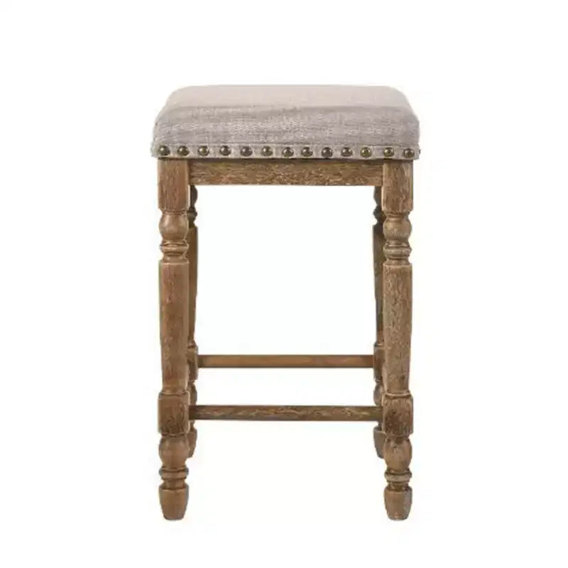 of 2 Fabric Upholstered Counter Height Stools in Weathered Oak and Beige