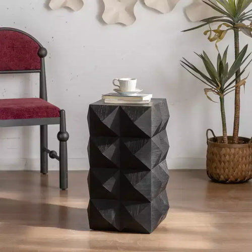 12W End Table Nightstand Side Table Coffee Table Bedside Table with Three-dimensional Embossed Pattern Design, Natural/Black/Brown-ModernLuxe