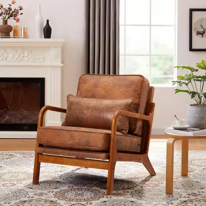 Fauteuil d'appoint en bois avec dossier haut, revêtement en similicuir et accoudoirs ergonomiques
