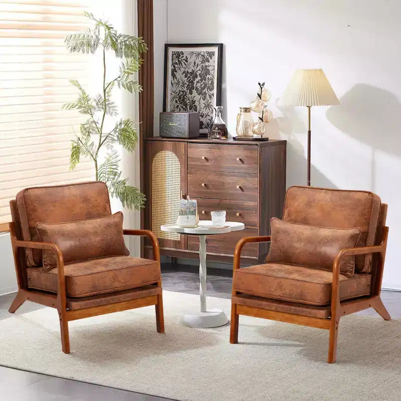 Fauteuil d'appoint en bois avec dossier haut, revêtement en similicuir et accoudoirs ergonomiques