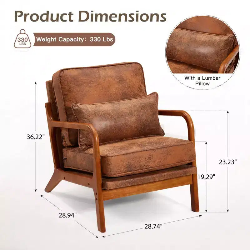 Fauteuil d'appoint en bois avec dossier haut, revêtement en similicuir et accoudoirs ergonomiques