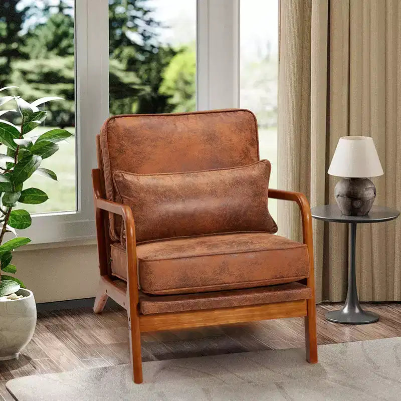 Fauteuil d'appoint en bois avec dossier haut, revêtement en similicuir et accoudoirs ergonomiques