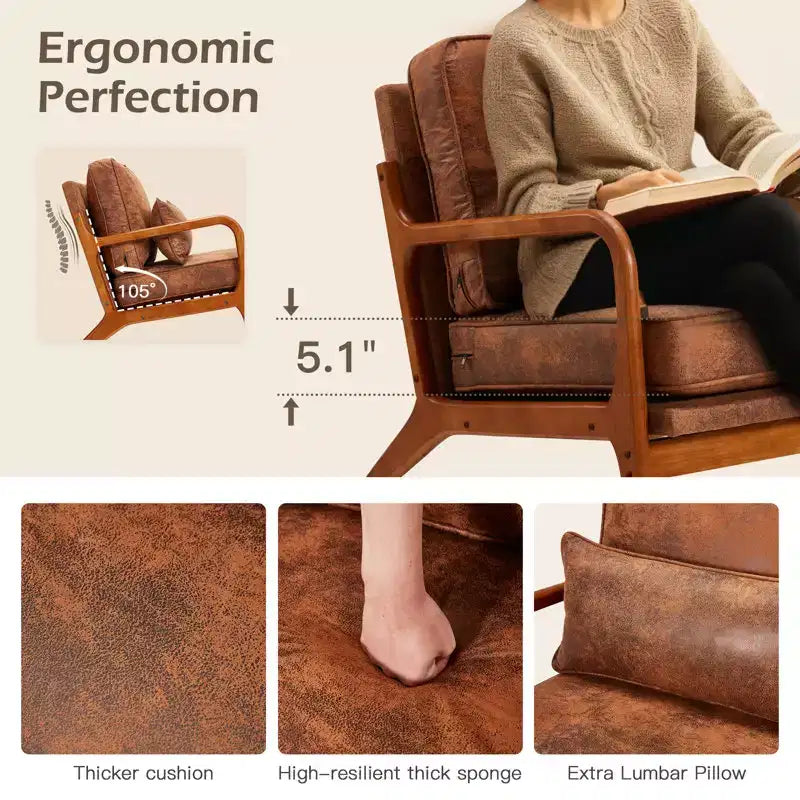 Fauteuil d'appoint en bois avec dossier haut, revêtement en similicuir et accoudoirs ergonomiques