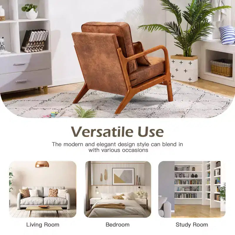 Fauteuil d'appoint en bois avec dossier haut, revêtement en similicuir et accoudoirs ergonomiques