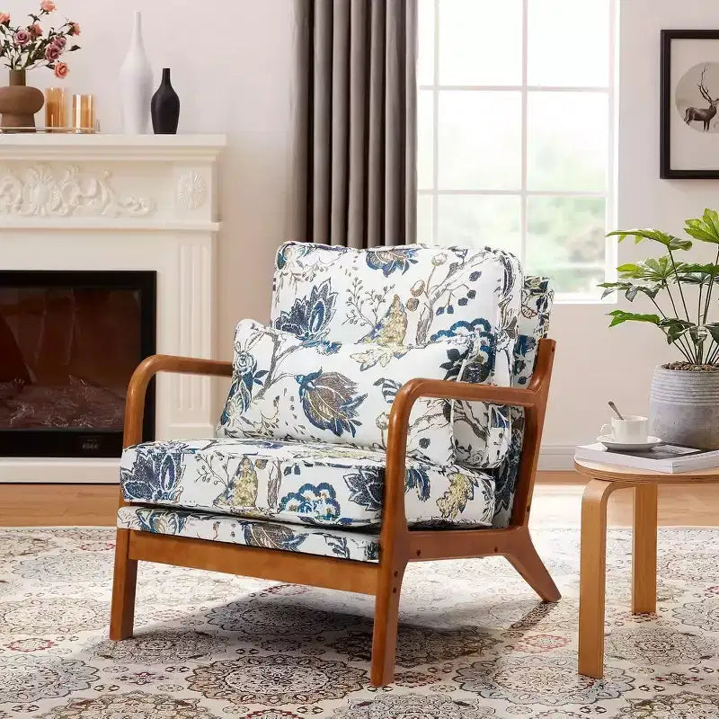 EROMMY Mid Century Solid Wood Accent Chair Upholstered Armchair With Lumbar Support Pillow