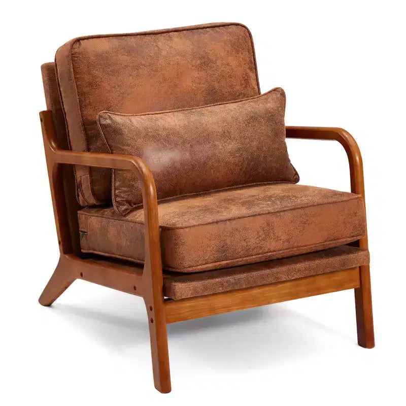 Fauteuil d'appoint en bois avec dossier haut, revêtement en similicuir et accoudoirs ergonomiques