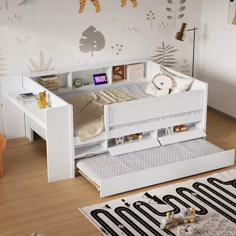 Twin Size Multi-Functional Daybed with Drawers and Trundle, Headboard Storage, Table & USB Charging Station  ModernLuxe