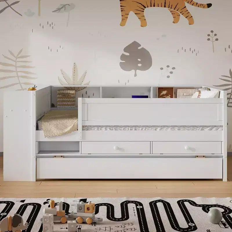 Lit de repos enfant avec tiroirs et lit gigogne, étagères de rangement intégrées à la tête de lit et table pliante – Bois de pin