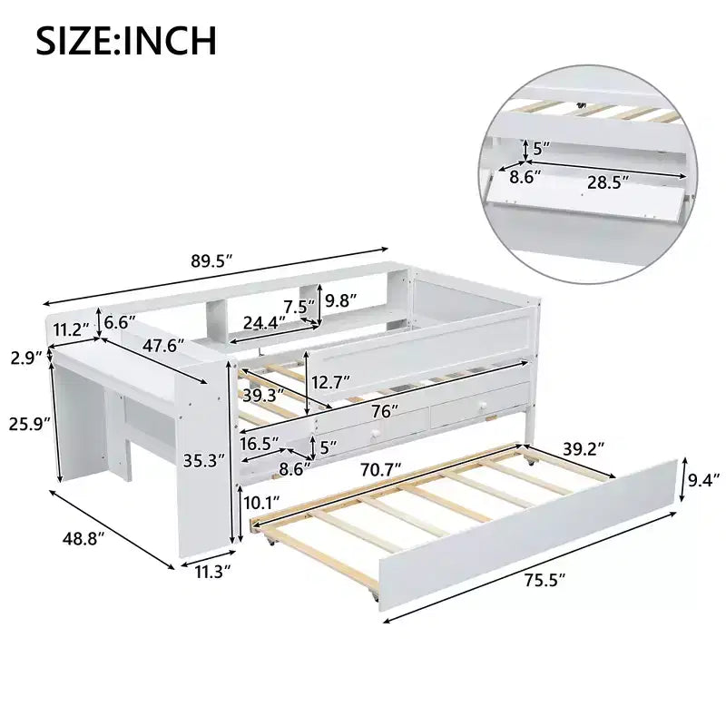 Lit de repos enfant avec tiroirs et lit gigogne, étagères de rangement intégrées à la tête de lit et table pliante – Bois de pin