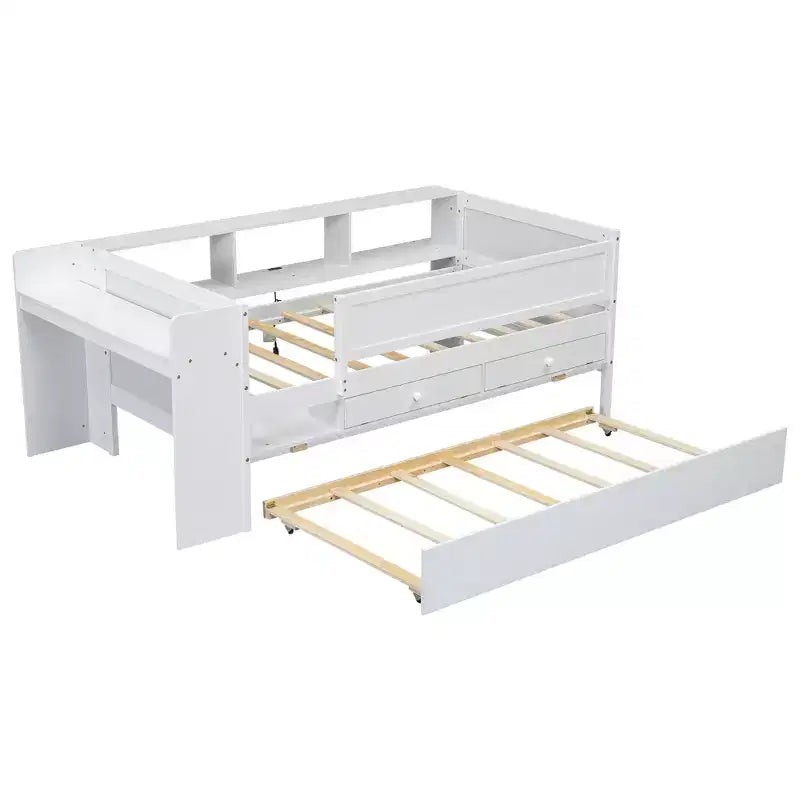 Lit de repos enfant avec tiroirs et lit gigogne, étagères de rangement intégrées à la tête de lit et table pliante – Bois de pin