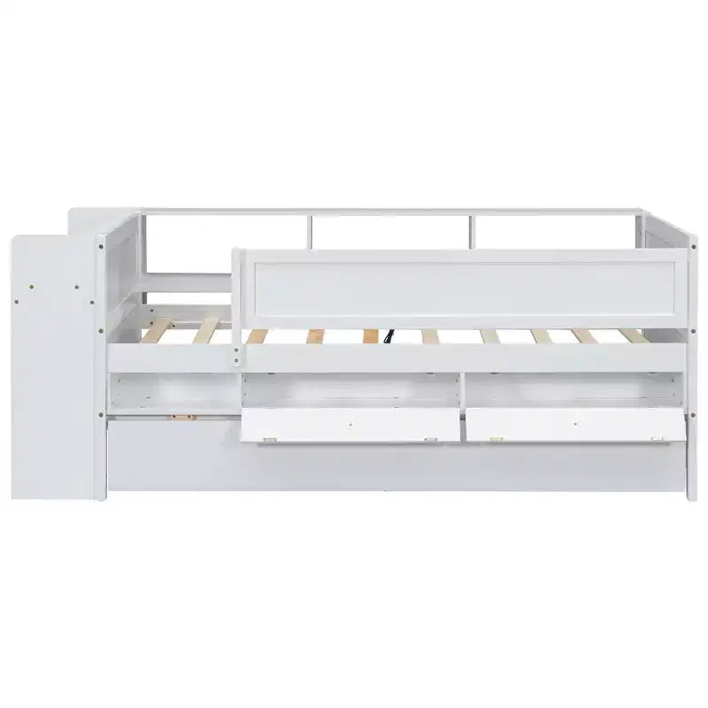 Lit de repos enfant avec tiroirs et lit gigogne, étagères de rangement intégrées à la tête de lit et table pliante – Bois de pin
