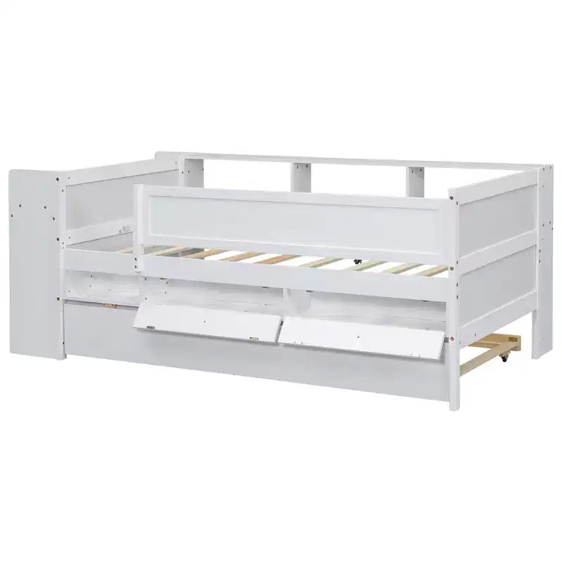 Lit de repos enfant avec tiroirs et lit gigogne, étagères de rangement intégrées à la tête de lit et table pliante – Bois de pin