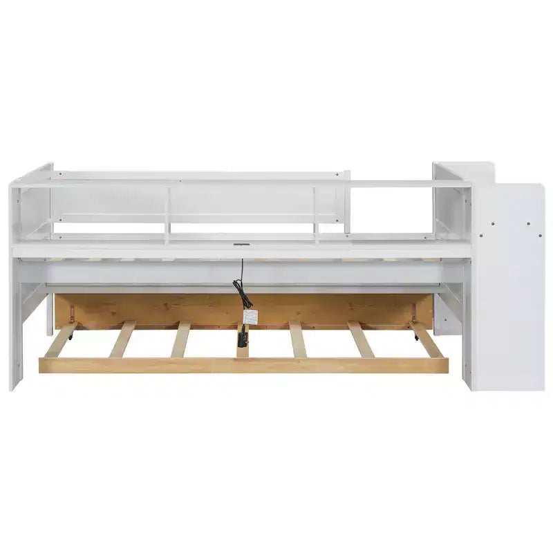 Lit de repos enfant avec tiroirs et lit gigogne, étagères de rangement intégrées à la tête de lit et table pliante – Bois de pin