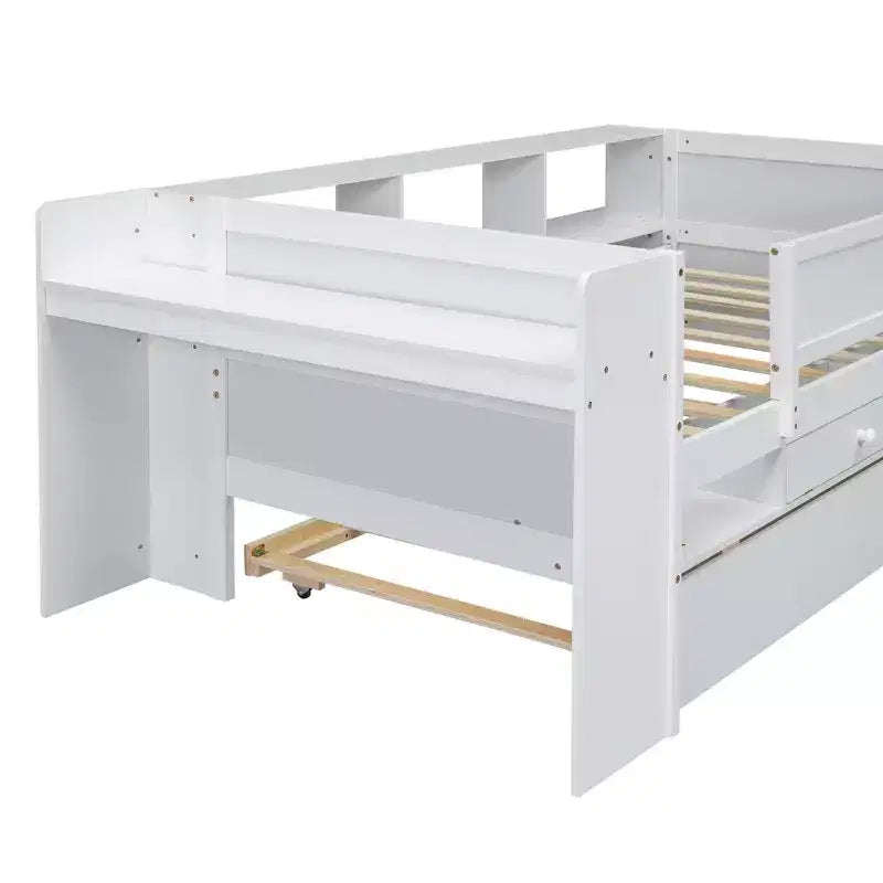 Lit de repos enfant avec tiroirs et lit gigogne, étagères de rangement intégrées à la tête de lit et table pliante – Bois de pin