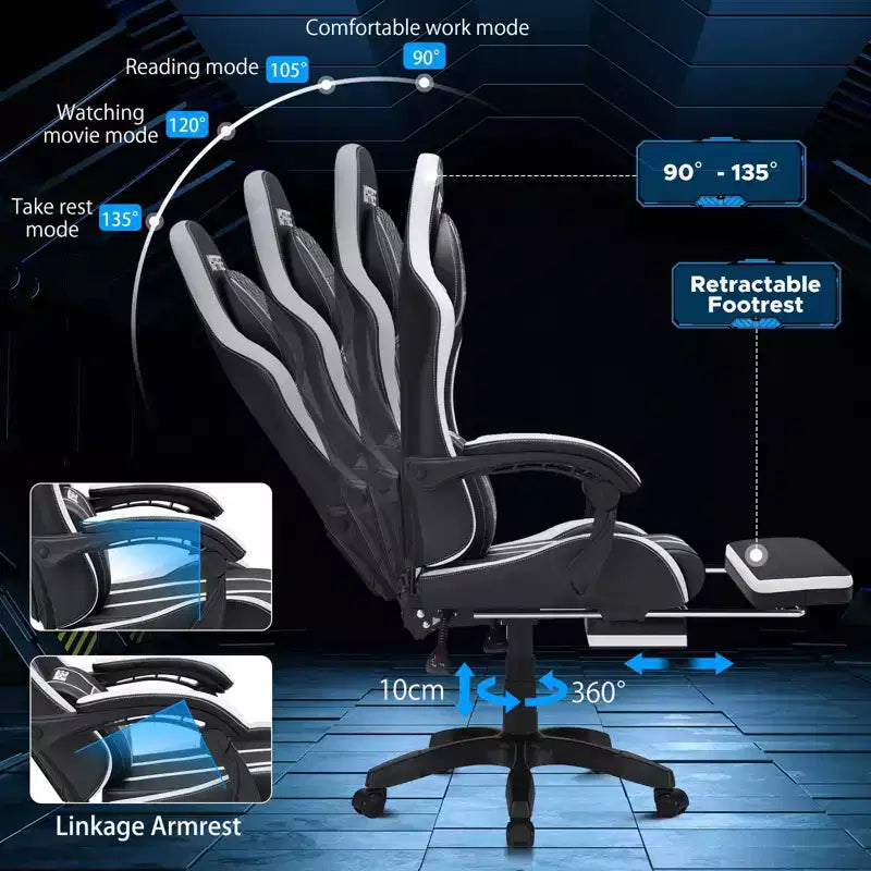 Chaise de bureau ergonomique avec repose-pieds, soutien lombaire réglable et dossier inclinable