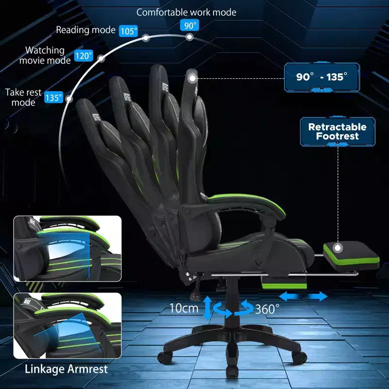 Chaise de bureau ergonomique avec repose-pieds, soutien lombaire réglable et dossier inclinable