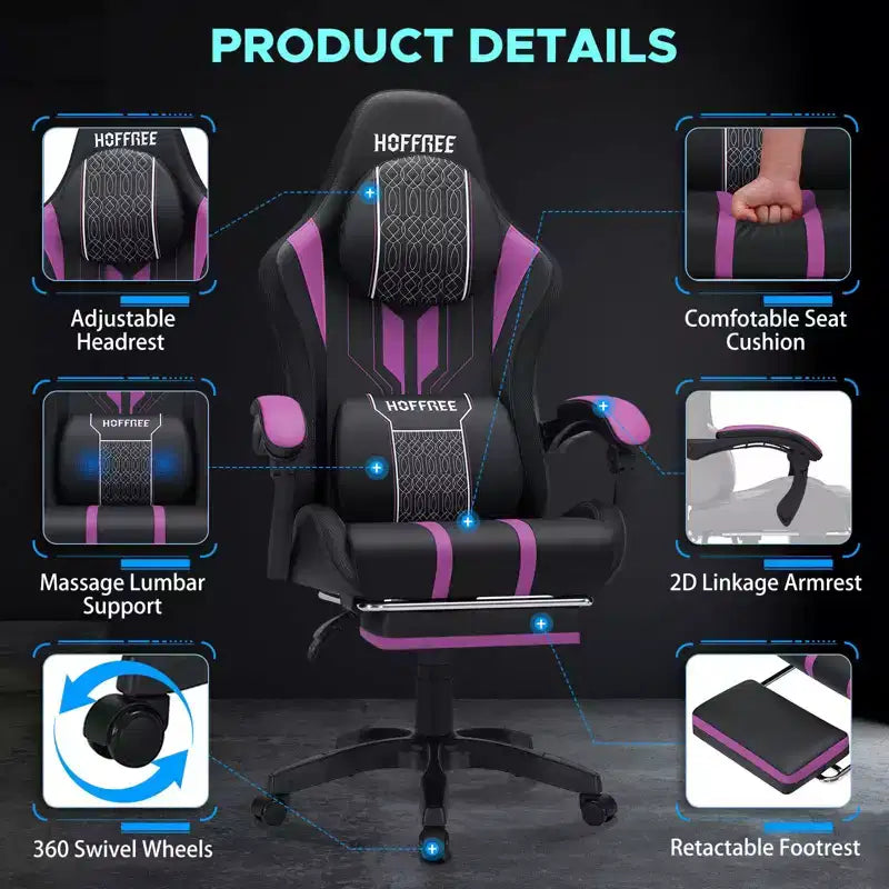 Chaise de bureau ergonomique avec repose-pieds, soutien lombaire réglable et dossier inclinable