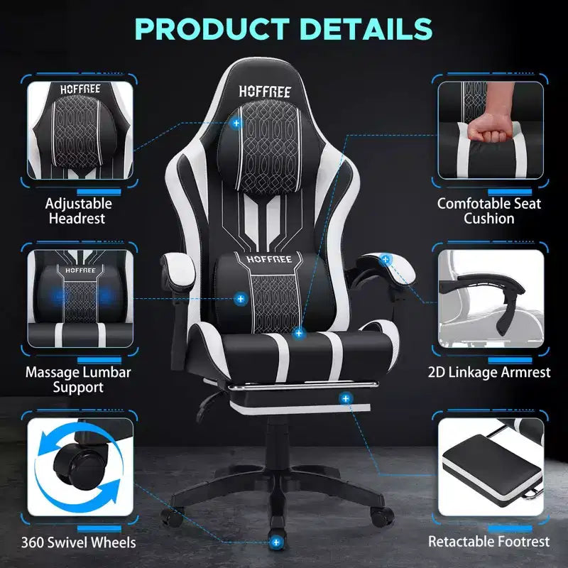 Chaise de bureau ergonomique avec repose-pieds, soutien lombaire réglable et dossier inclinable