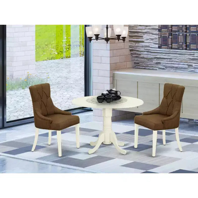 HomeStock Round Dining Table Set Linen White Parson Chairs Modern