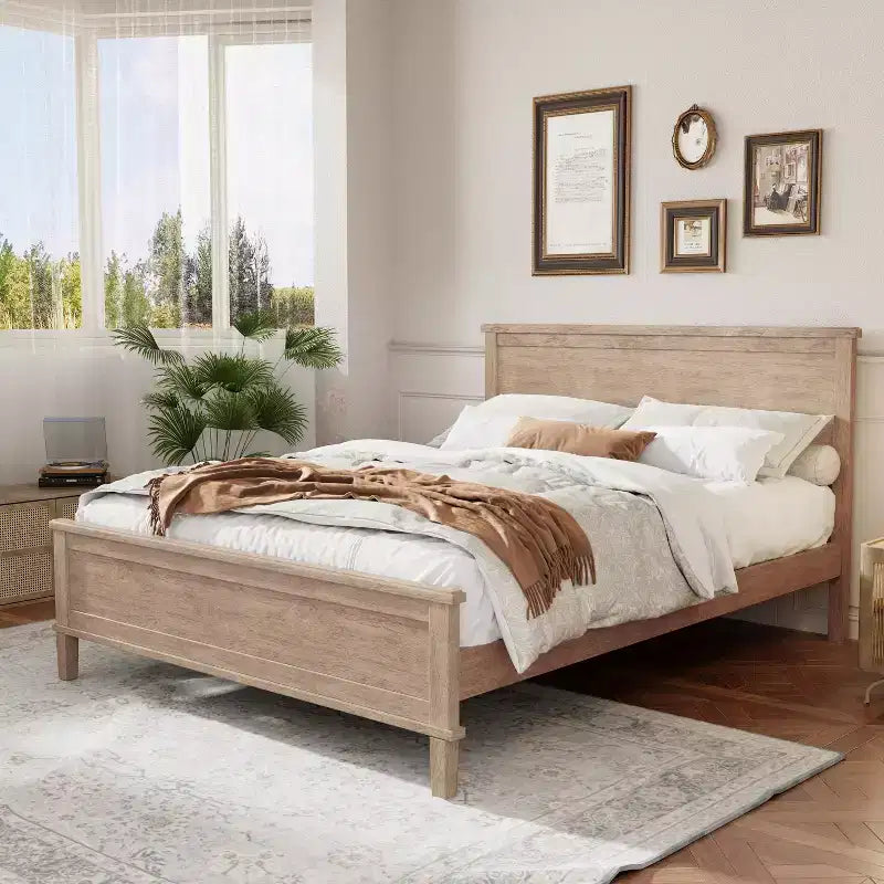Bed Frame with Upholstered Headboard and Wood Slat Support – No Box Spring Required