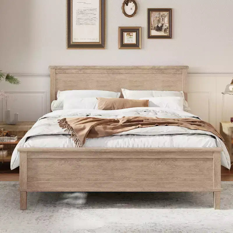 Full/Queen/King Size Platform Bed Frame with Headboard and Wood Slat Support, White/Brown-ModernLuxe