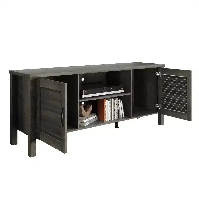 Meuble TV console de style médiéval de 60 po avec portes persiennes et étagères de rangement