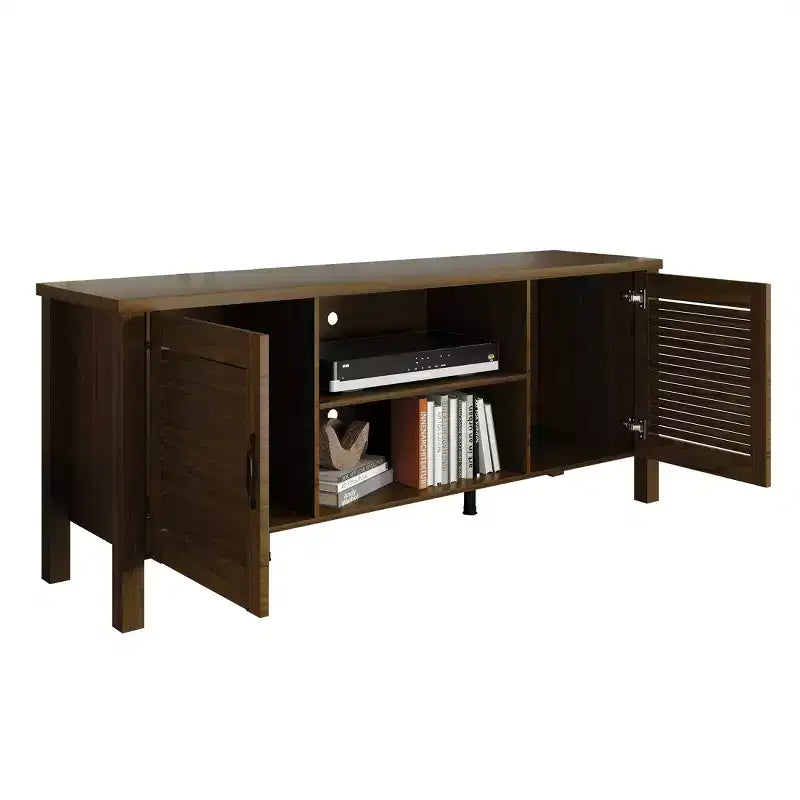 Meuble TV console de style médiéval de 60 po avec portes persiennes et étagères de rangement