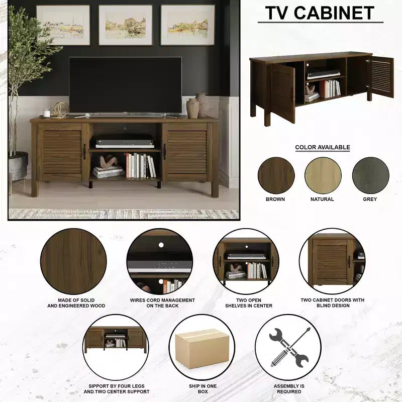 Meuble TV console de style médiéval de 60 po avec portes persiennes et étagères de rangement