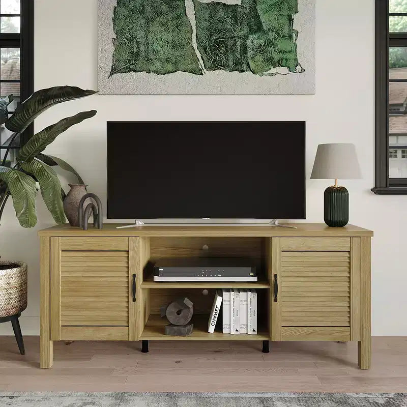 Meuble TV console de style médiéval de 60 po avec portes persiennes et étagères de rangement