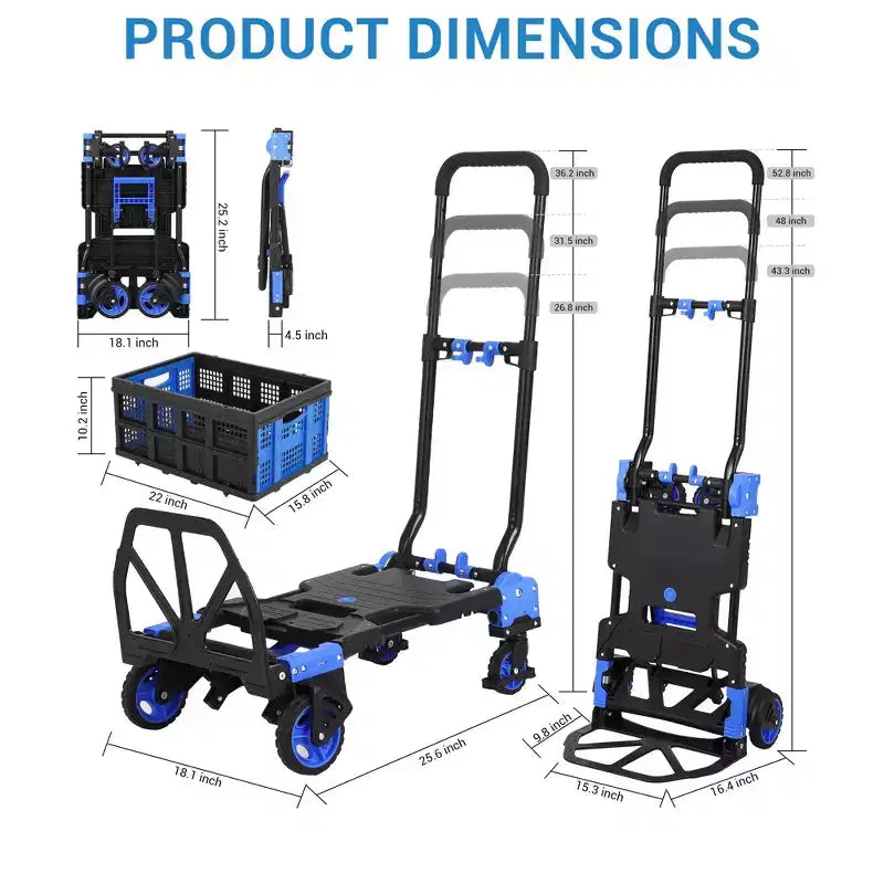 Diable et chariot pliant 2 en 1, capacité de 150 kg avec panier, poignée rétractable et 4