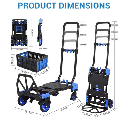 2-in-1 Folding Hand Truck Dolly, 330 lbs Capacity with Basket, Retractable Handle and 4