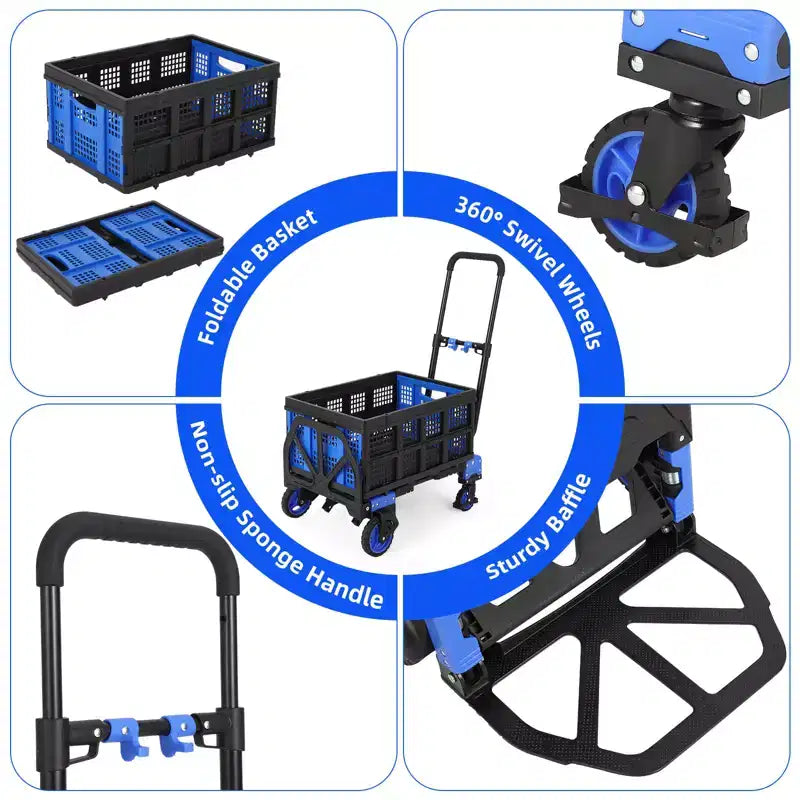 Diable et chariot pliant 2 en 1, capacité de 150 kg avec panier, poignée rétractable et 4