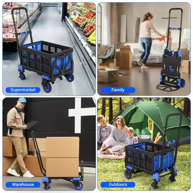 Diable et chariot pliant 2 en 1, capacité de 150 kg avec panier, poignée rétractable et 4