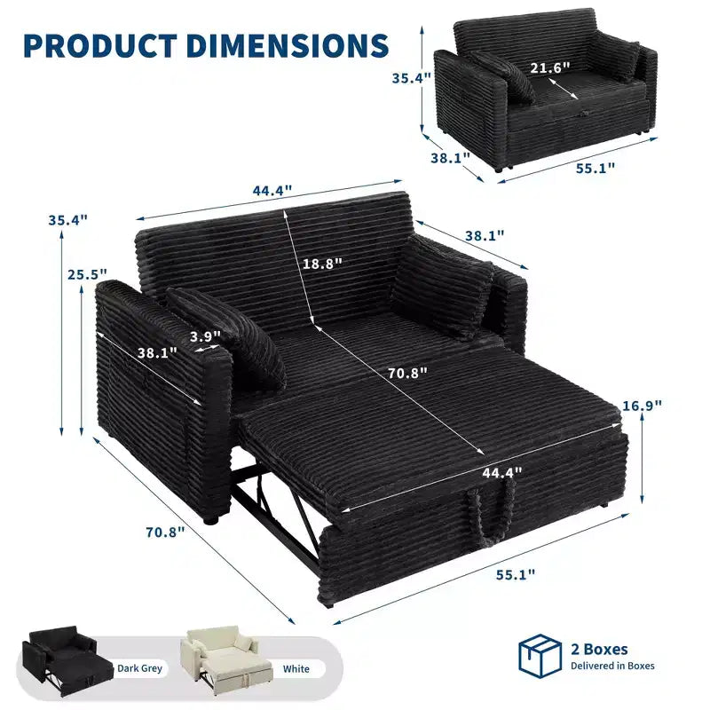 48'' Canapé Lit Convertible pour Deux, Canapé en Velours Côtelé avec Dossier Réglable, Poches Latérales et Station de Charge, Petit Canapé Lit Extensible pour le Salon