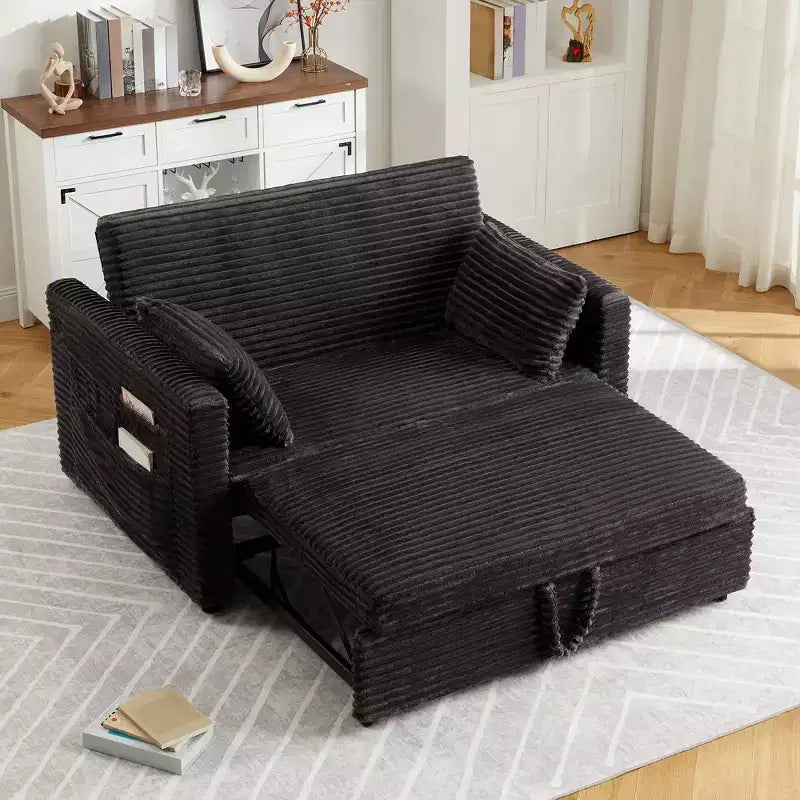 48'' Canapé Lit Convertible pour Deux, Canapé en Velours Côtelé avec Dossier Réglable, Poches Latérales et Station de Charge, Petit Canapé Lit Extensible pour le Salon