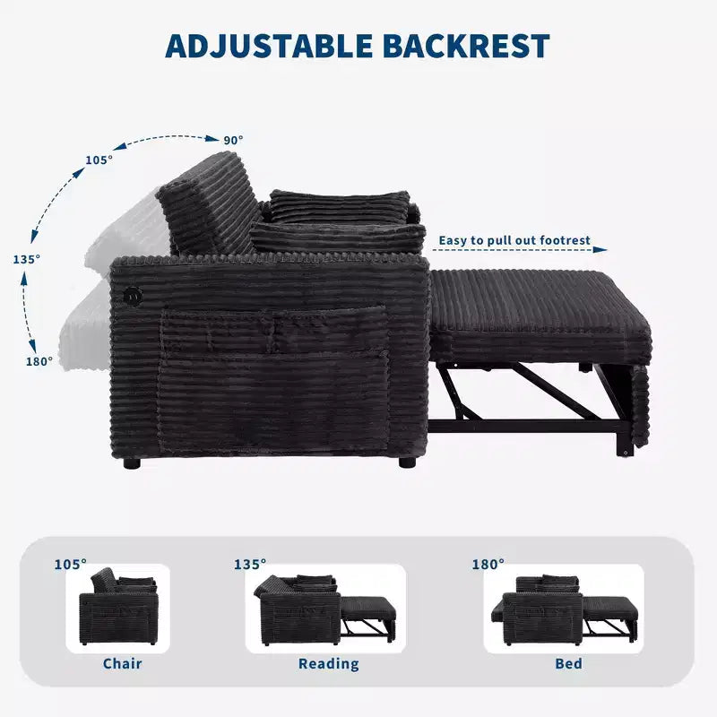 48'' Canapé Lit Convertible pour Deux, Canapé en Velours Côtelé avec Dossier Réglable, Poches Latérales et Station de Charge, Petit Canapé Lit Extensible pour le Salon