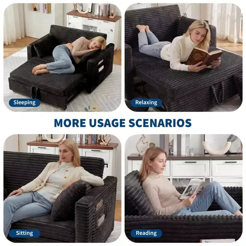 48'' Canapé Lit Convertible pour Deux, Canapé en Velours Côtelé avec Dossier Réglable, Poches Latérales et Station de Charge, Petit Canapé Lit Extensible pour le Salon