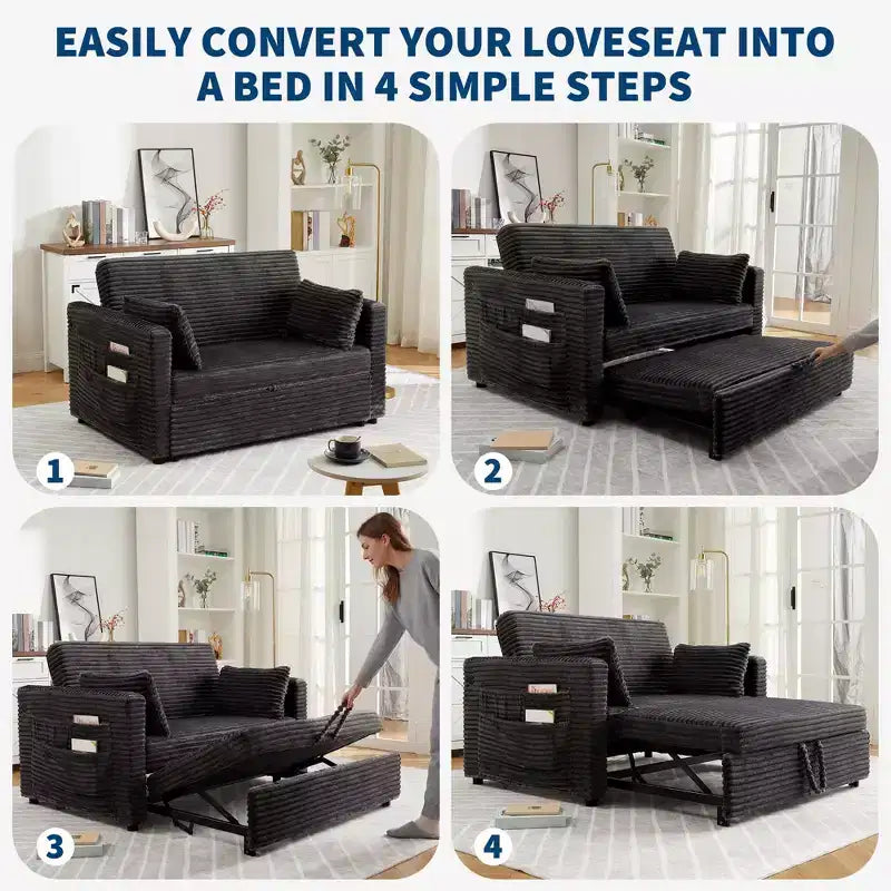 48'' Canapé Lit Convertible pour Deux, Canapé en Velours Côtelé avec Dossier Réglable, Poches Latérales et Station de Charge, Petit Canapé Lit Extensible pour le Salon