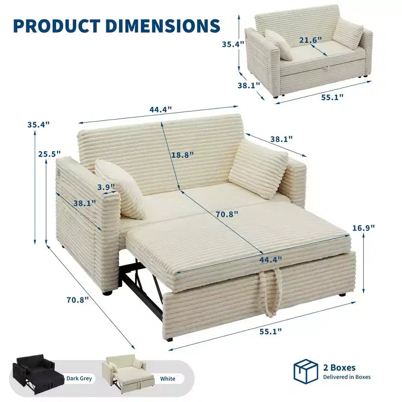 48'' Canapé Lit Convertible pour Deux, Canapé en Velours Côtelé avec Dossier Réglable, Poches Latérales et Station de Charge, Petit Canapé Lit Extensible pour le Salon