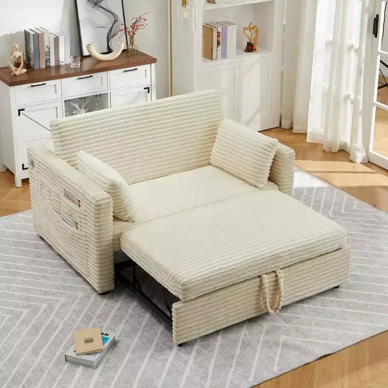 48'' Canapé Lit Convertible pour Deux, Canapé en Velours Côtelé avec Dossier Réglable, Poches Latérales et Station de Charge, Petit Canapé Lit Extensible pour le Salon