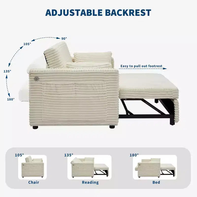 48'' Canapé Lit Convertible pour Deux, Canapé en Velours Côtelé avec Dossier Réglable, Poches Latérales et Station de Charge, Petit Canapé Lit Extensible pour le Salon