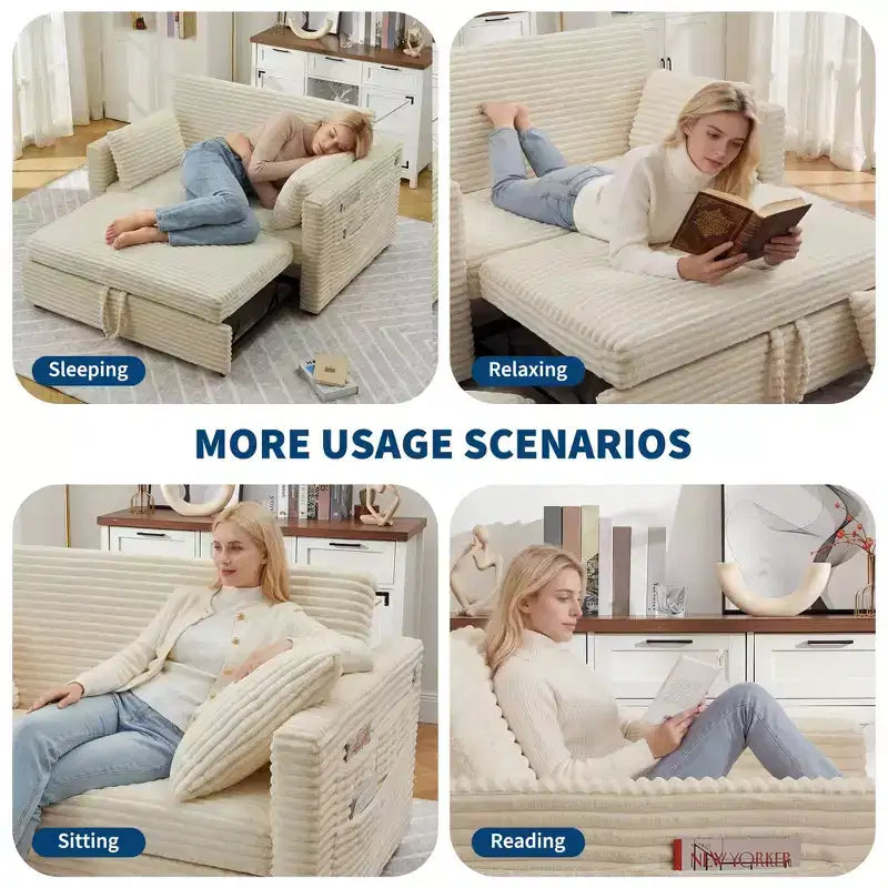 48'' Canapé Lit Convertible pour Deux, Canapé en Velours Côtelé avec Dossier Réglable, Poches Latérales et Station de Charge, Petit Canapé Lit Extensible pour le Salon