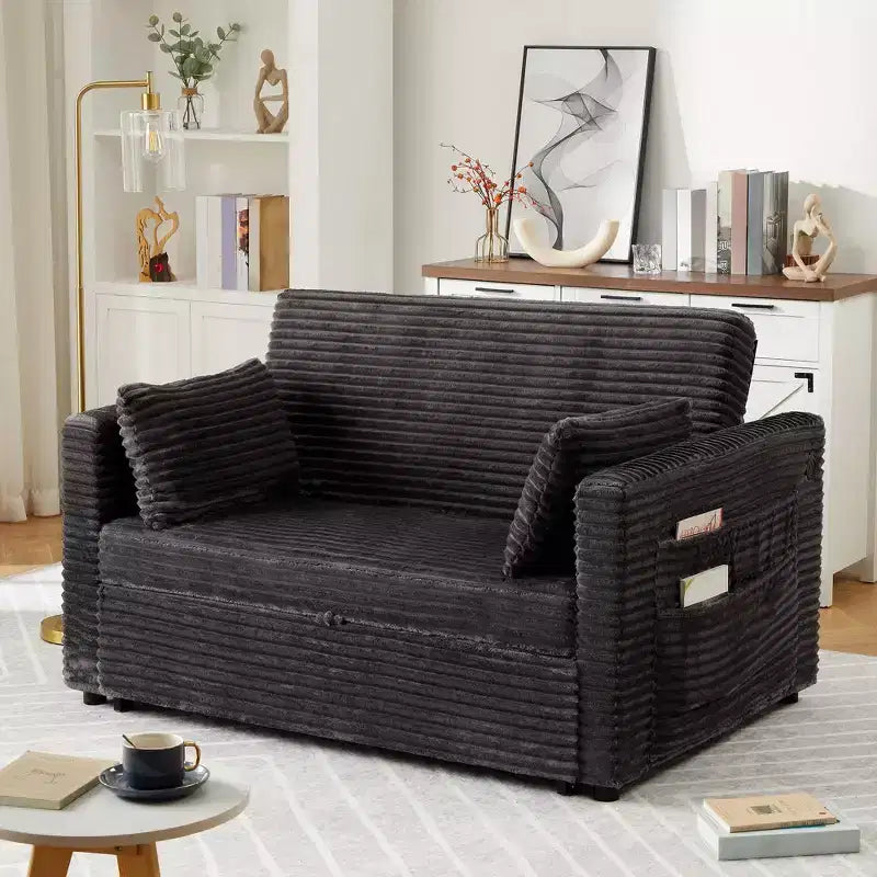 48'' Canapé Lit Convertible pour Deux, Canapé en Velours Côtelé avec Dossier Réglable, Poches Latérales et Station de Charge, Petit Canapé Lit Extensible pour le Salon
